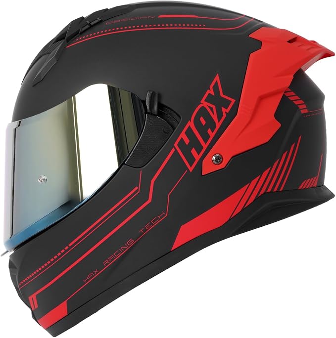 HAX Obsidian Dual Visor Full Face Motorcycle Helmet DOT/ECE 22.06 Approved, Pinlock & Bluetooth Ready, Aerodynamic Spoiler for Powersports Street Bike Racing, Unisex Adult (Matte Black Red, L)