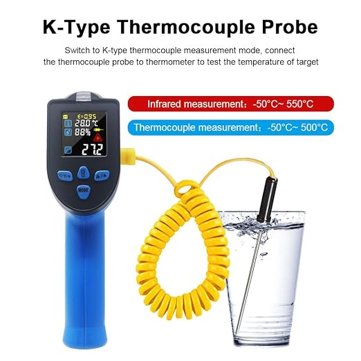 Ketotek Infrared Thermometer, Laser Temperature Gun Non Contact -58 to 1022°F with K Type Thermocouple Probe Humidity NCV Detector, Color LCD for Cooking Pizza Oven BBQ Freezer Industrial