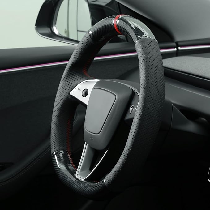 MEWANT Shiny PU Carbon Fiber Real Leather Steering Wheel Cover for Tesla Model 3 Highland 2025 Model Y Juniper 2025