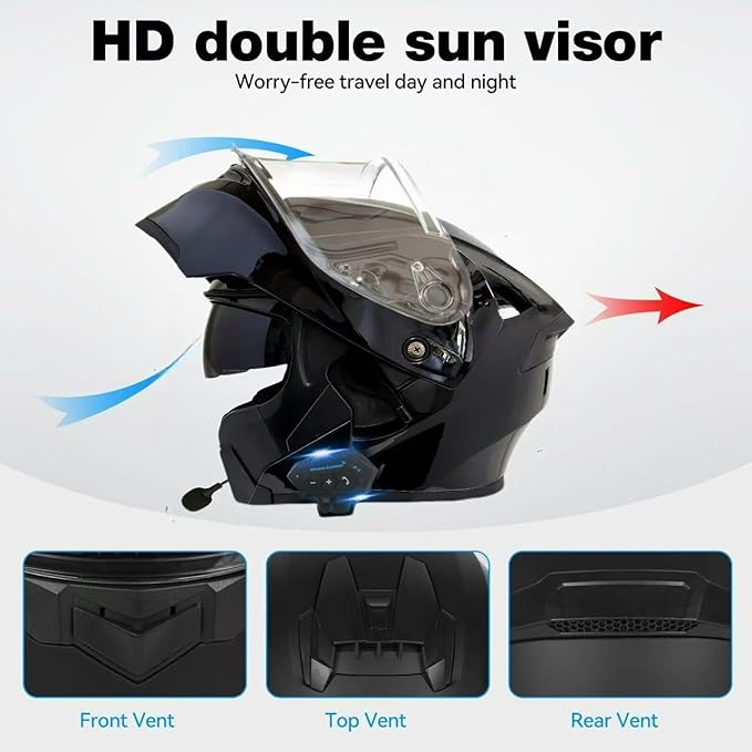 Motorcycle Bluetooth Modular Helmet, DOT Approved Flip Up Full Face Motorcycle Dual Visor Helmet, with Dual Speakers and Microphone, for Adults Men and Women