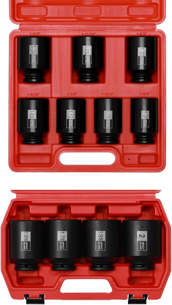Mayouko 1/2" Drive SAE Deep Spindle Axle Nut Impact Socket Set, 1-3/8" -2", CR-MO, 6 Point