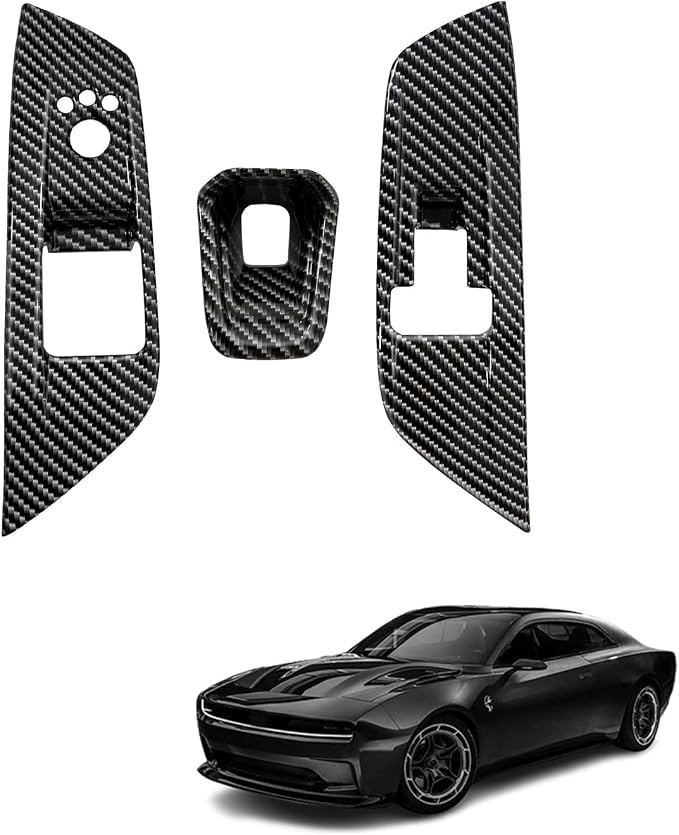 BestEvMod 3PCS Interior Decoration Trim Set of 3 Window Lift Switch Panel Cover & Steering Wheel Lower Spoke Trim Compatible with Dodge Charger EV 2026 2025 2024 Accessories (Carbon Fiber Pattern)