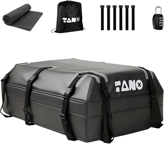 TANX Car Roof Bag - 21 Cubic Feet Rooftop Cargo Carrier, 100% Waterproof for All Cars with/Without Roof Rack, Includes Anti-Slip Mat, 12 Reinforced Straps, 6 Door Hooks, Luggage Lock & Storage Bag