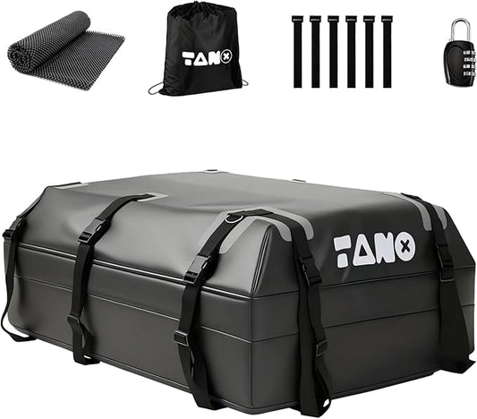 TANX Car Roof Bag - 21 Cubic Feet Rooftop Cargo Carrier, 100% Waterproof for All Cars with/Without Roof Rack, Includes Anti-Slip Mat, 12 Reinforced Straps, 6 Door Hooks, Luggage Lock & Storage Bag