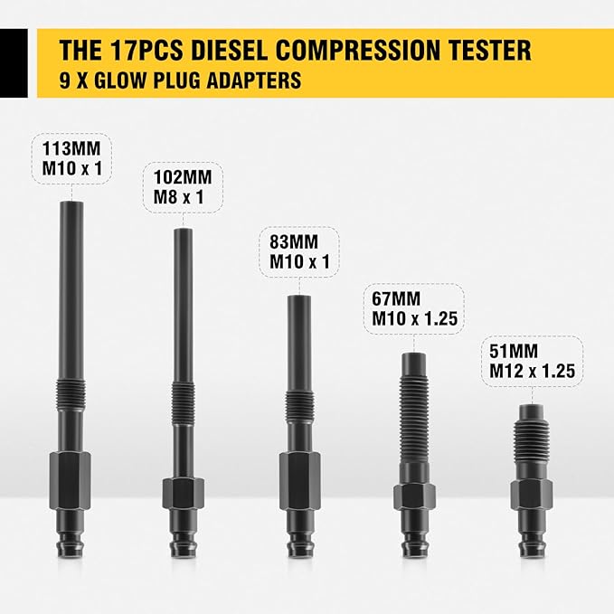 DNA Motoring TU-15B Diesel Engine Compression Gauge Tester with Gauge & Adapters, Cylinder Pressure Meter Teste Tool Kit for Trucks Cars, TOOLS-00336