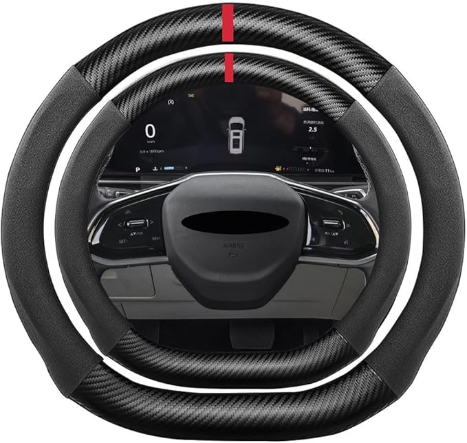 D Shape Suede Carbon Fiber Steering Wheel Cover, Compatible with Genesis G90 15 inch Flat Bottom Soft Suede Touch Leather Sport Non-Slip Automotive Interior Accessories