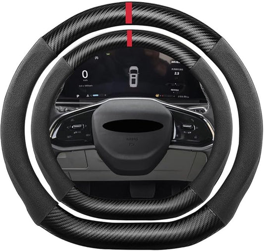 D Shape Suede Carbon Fiber Steering Wheel Cover, Compatible with Genesis G90 15 inch Flat Bottom Soft Suede Touch Leather Sport Non-Slip Automotive Interior Accessories