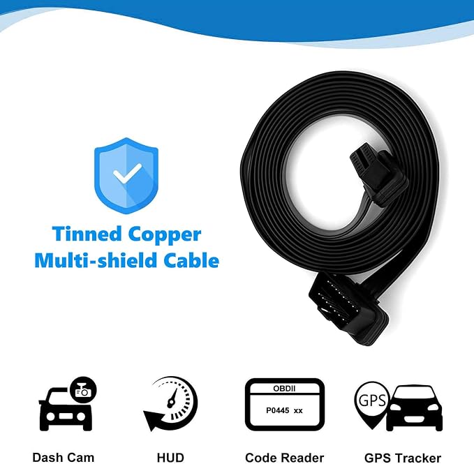 JUTA OBD2 Extension Cable Ultra-Long 10ft/3m Low Profile OBD-II 16-Pin Male to Female Extension Cord for GPS, Diagnostic Scanner and Code Reader - 10ft/3m