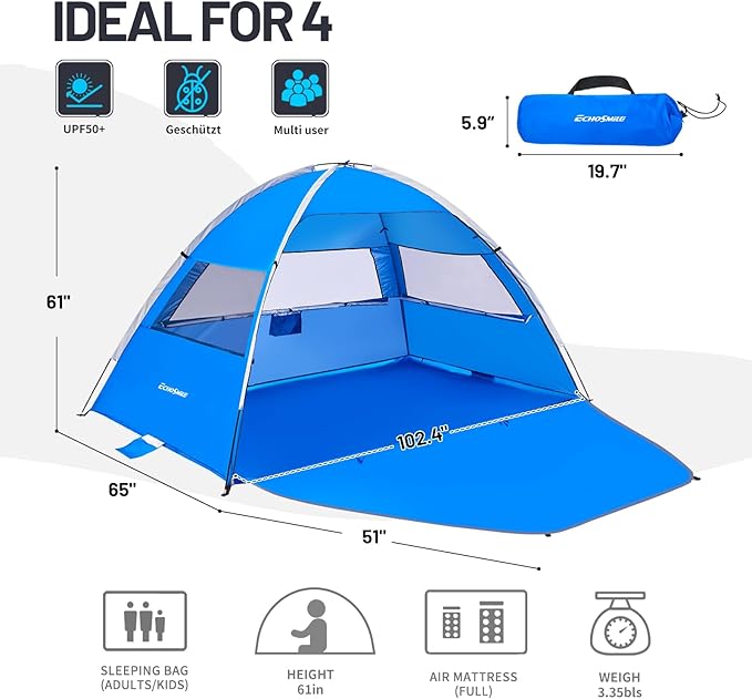 EchoSmile UPF 50+ Beach Tent Sun Shelter for 3/4 Person, Portable Beach Cabana Tent