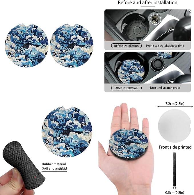 The Great Wave Off Kanagawa Pattern 13 Piece Car Seat Covers Retro Blue Swirl Wave Print for Women Steering Wheel Cover Cup Coasters Seat Belt Pads Cover