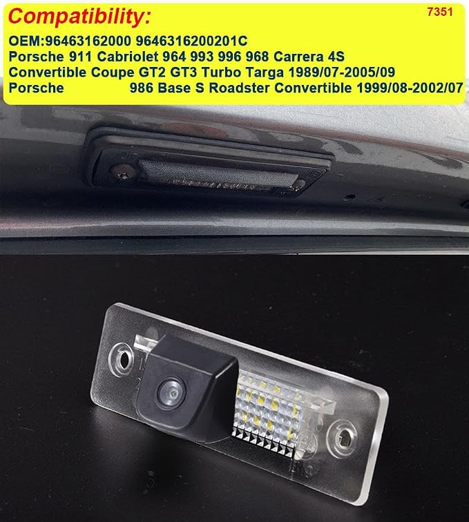 HD Night Vision Car Reversing Rear View License Plate Light Camera Parking Aid Reversing System for Porsche 911 Cabriolet 964 993 996 968 Carrera 4S Convertible Coupe GT2 GT3 Turbo Targa 986 Base S