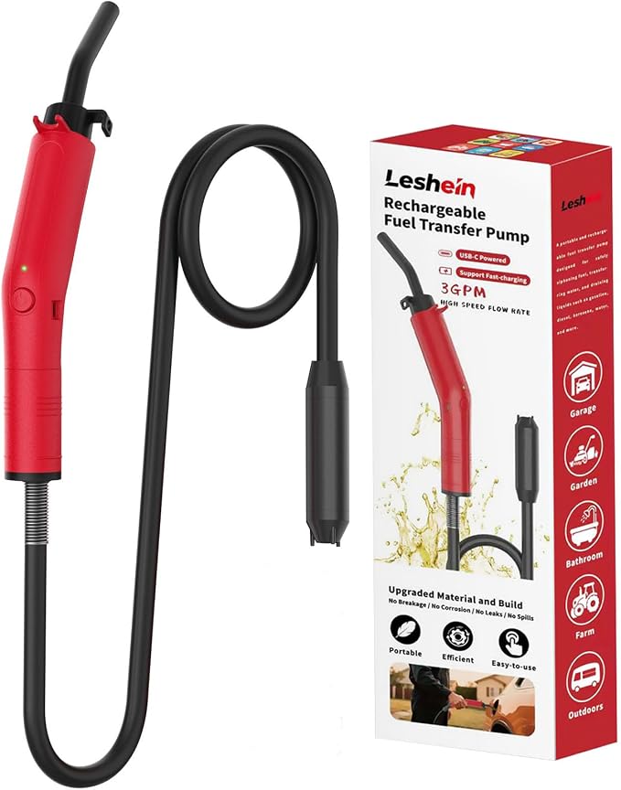 Leshein Fuel Transfer Pump 3GPM, USB Rechargeable Electric Siphon Pump for Gasoline Diesel Water, Portable Leakproof Gas Can Pump with Upgraded Hose Material & Build, Ultra-Fast Oil Transfer Pump