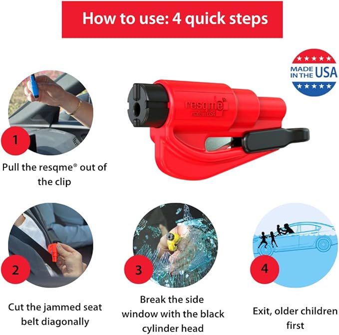 resqme The Original Emergency Keychain Car Escape Tool, 2-in-1 Seatbelt Cutter and Window Breaker, Made in USA, Rainbow Pack 8 Colors - Compact Emergency Hammer