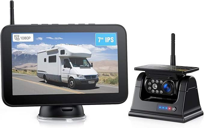 ZEROXCLUB Magnetic Solar Wireless Backup Camera 1080P 7" DVR Monitor, Rechargeable RV Camera Wireless System for Hitch Towing Travel RV Camper 5th Wheel, Built-in 9600mAh Battery & Solar Panel, BM701