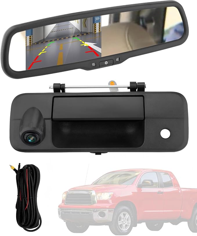 Rearview Mirror Monitor w/Backup Camera Tailgate Handle, Compatible with 2007-2013 Toyota Tundra, 4.3" Rear View, 170° Rear Viewing Angle, Waterproof Rear View Camera, Parking Assist Safety System