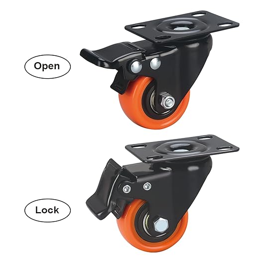 2" Caster Wheels Set of 32, Heavy Duty with Brake | No Noise, Locking, Polyurethane (PU) Wheels, Swivel Plate, Orange, Pack of 32