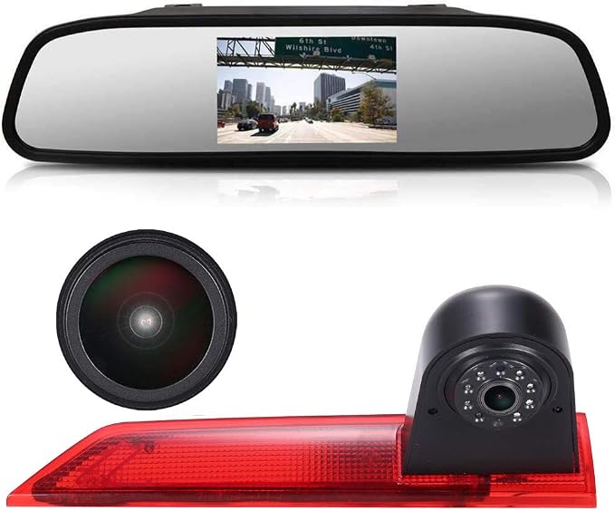 18mm HD Car Third Roof Top Mount Brake Light 3 Rear View Camera Parking Safety Assistant System, Night Vision Waterproof for Ford Transit Custom 2012-2016 (with 4.3-inch Rearview Mirror)
