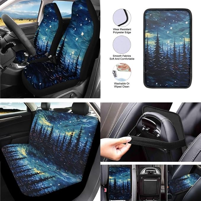 Starry Night Forest Hand Drawing 13 Pcs Car Seat Covers Full Set Steering Wheel Cover Starry Sky Art Painting Back Headrest Cover Coaster Keychains for Trucks Sedan SUV
