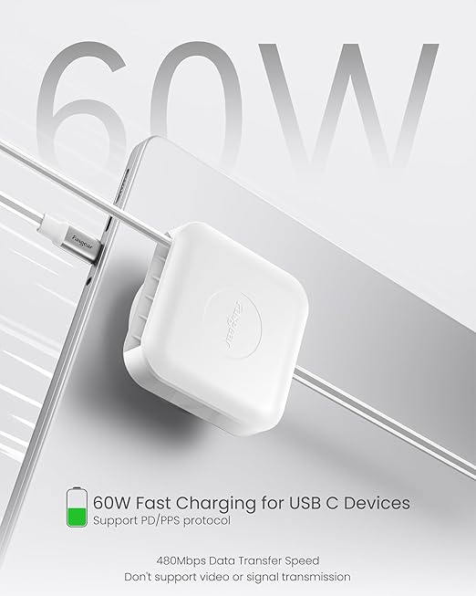 Fasgear USB-C Retractable Charging Cable Desk Mount, 60W PD/PPS Fast Charging USB 2.0 Cord for iPhone 17 16 Pro/iPad Pro/Mac-Book/Samsung, 360°Rotatable Type C Cable (4.6ft, Pure White)