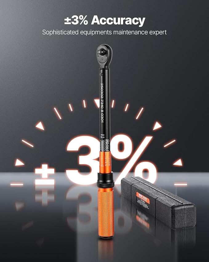 VEVOR 3/8 Inch Drive Torque Wrench, 10-100 ft.lb/13.6-135.6 Nm, Dual-Direction Adjustable Click Torque Wrench with 1/2 & 1/4 adapter, 3" Extension Bar, for Automobile Repair