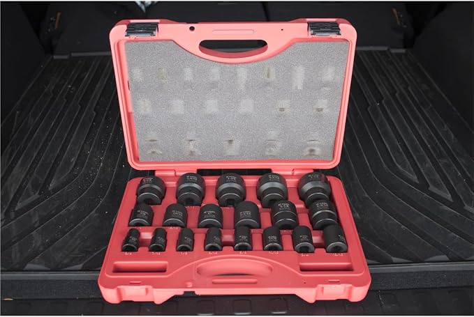 K Tool International 33101 19 Piece SAE Short Impact Socket Set, 1/2 Inch Drive 6 Point Cr Mo Steel Sockets from 3/8 to 1 1/2 Inch, Laser Etched Markings, Blow Molded Case, For Shop and Industrial Use