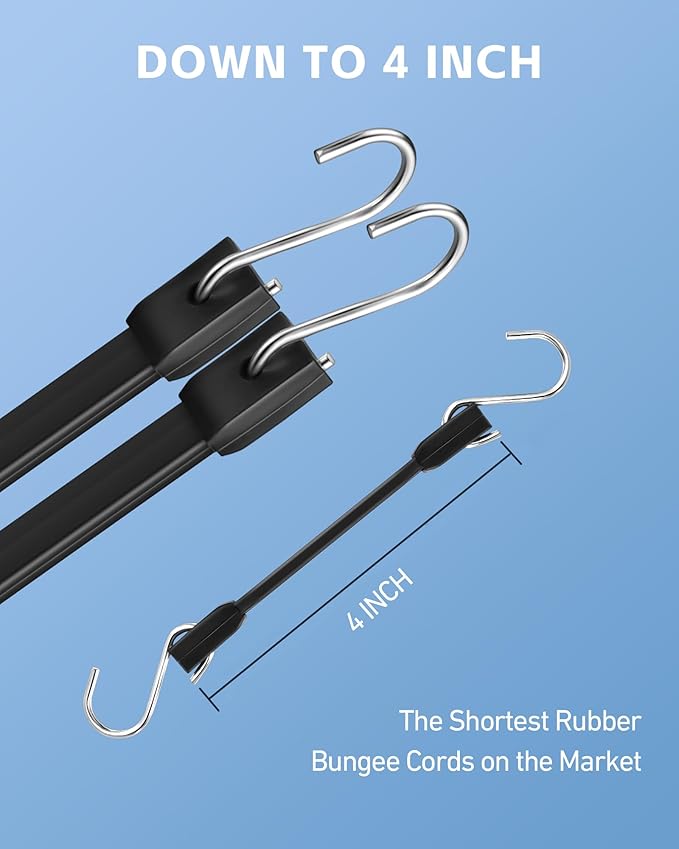 4 Inch Short Rubber Bungee Cords Heavy Duty Outdoor, Mini Small Bungee Straps with Upgraded Hooks, Black Tarp Straps with 1.9X Max Stretch & 100% Rubber for Cargo, Van, Truck, Motorcycle, etc (9 Pcs)