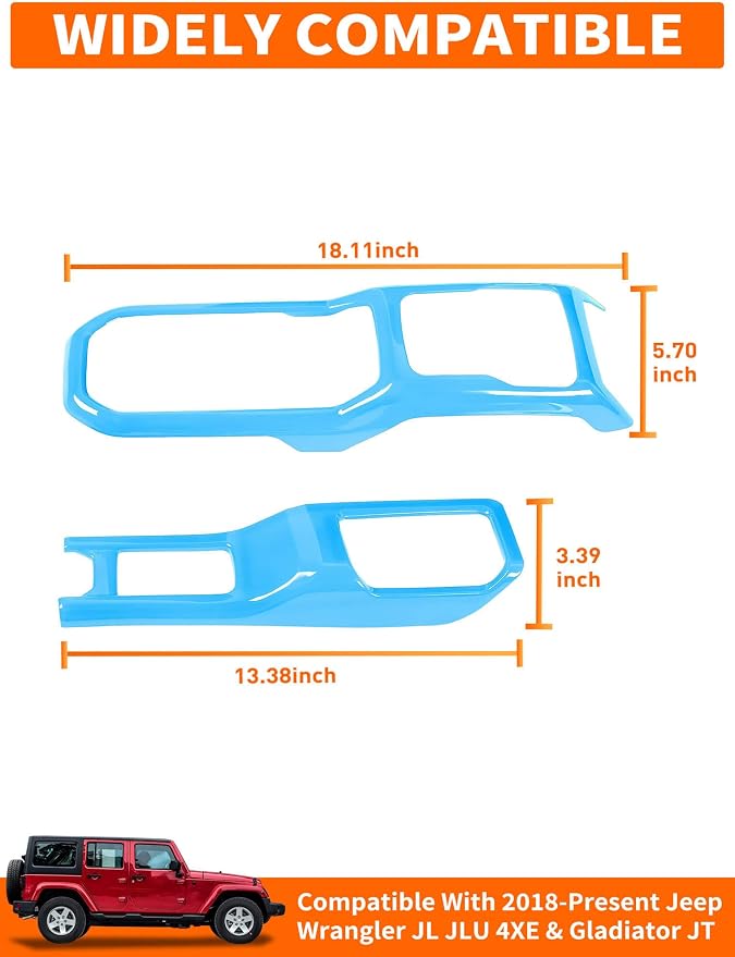 Savadicar Sky Blue Interior Accessories - Gear Shift Panel Trim Set for 2018-Present Jeep Wrangler JL JLU 4XE & Gladiator JT - Solid Color Interior Decor Upgrade Option, 2-Piece