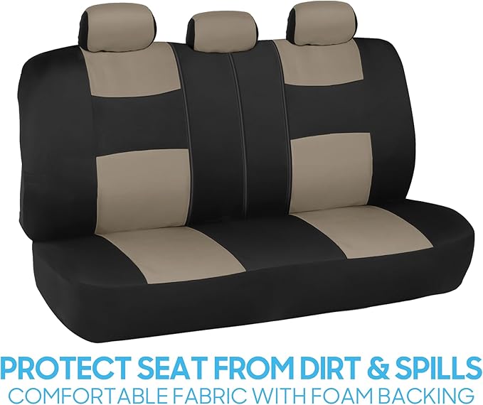 BDK PolyPro Car Seat Covers Full Set in Light Beige on Black, Front and Rear Split Bench Seat Covers for Cars, Easy to Install Car Seats Cover Set and Accessories for Auto Trucks Van SUV - Light Beige