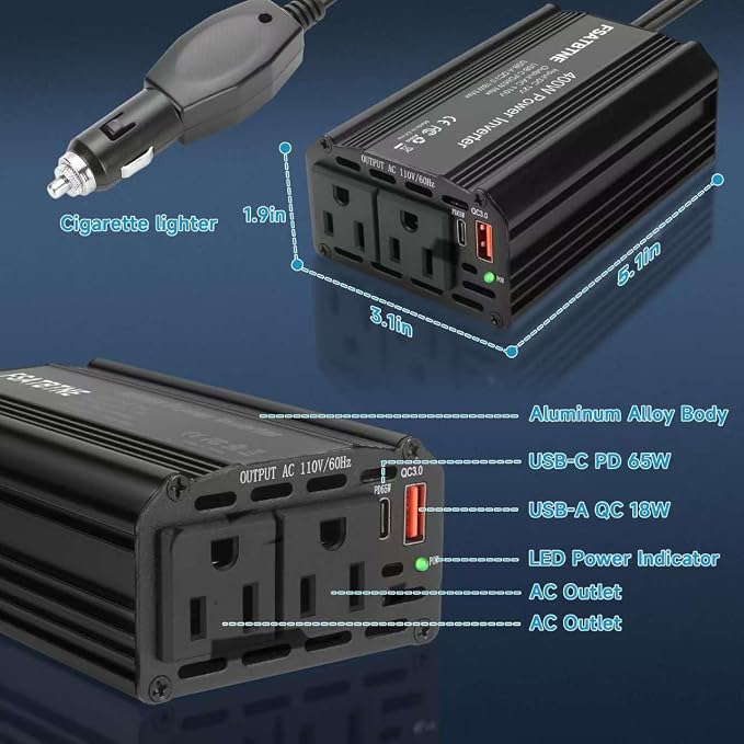 400W Power Inverter, FSATBTNE DC 12V to 110V AC Car Plug Adapter Outlet Converter with [65W PD USB-C] & [18W QC USB-A] Fast Charging Ports and 2 AC Outlets Car Power Inverters for Vehicles Black
