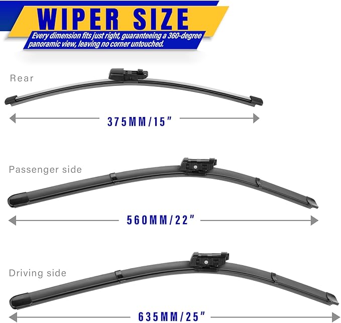3 wipers Replacement for 2018-2021 2022 2023 2024 2025 Volkswagen Vw Tiguan, Windshield Wiper Blades Original Equipment Replacement - 25"/22"/15" (Set of 3) Top Lock