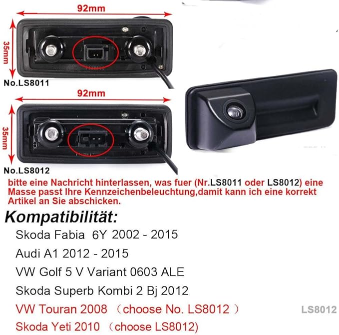 1280x720 Pixel 1000TV LinesWaterproof Trunk Handle Griff Tailgate Reverse Camera HD Night Vision Rear View Camera Replacement for VW Touran 2008/Skoda Yeti 2010(Model=LS8012)