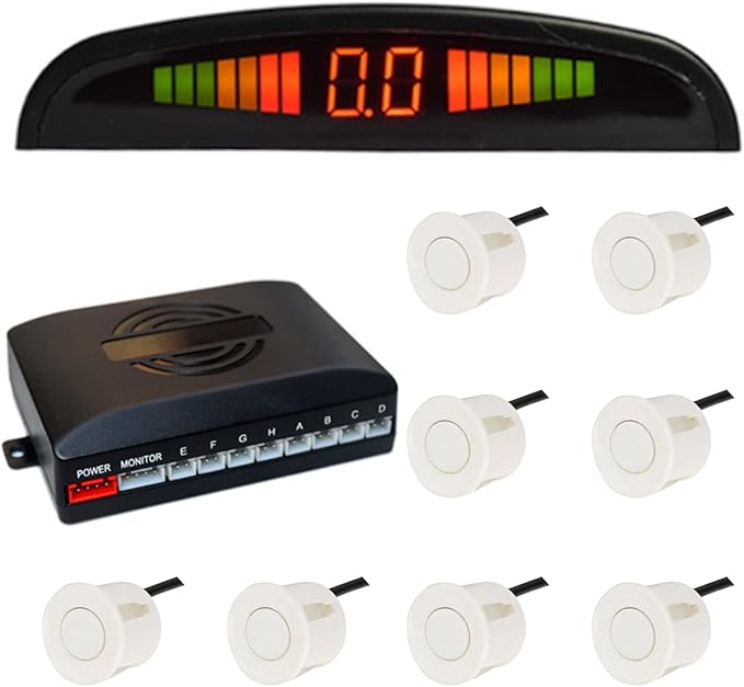 Riloer Car Front and Rear Security Reversing Radar Kit, LED Display Buzzer Alarm 8 Sensor Front and Rear Parking Sensor Prompt for Cars (White)