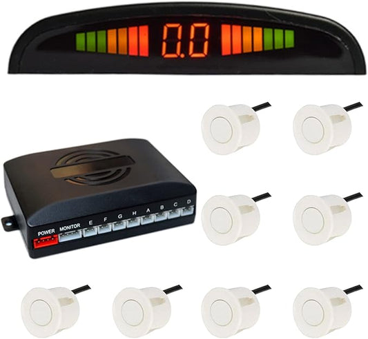 Riloer Car Front and Rear Security Reversing Radar Kit, LED Display Buzzer Alarm 8 Sensor Front and Rear Parking Sensor Prompt for Cars (White)