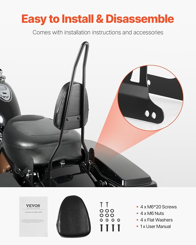 VEVOR Motorcycle Backrest Sissy Bar, Compatible With Harley-Davidson Dyna Street Glide Road Glide Road King, 29 inch Height Detachable Passenger Backrest, For Motorcycles, Black