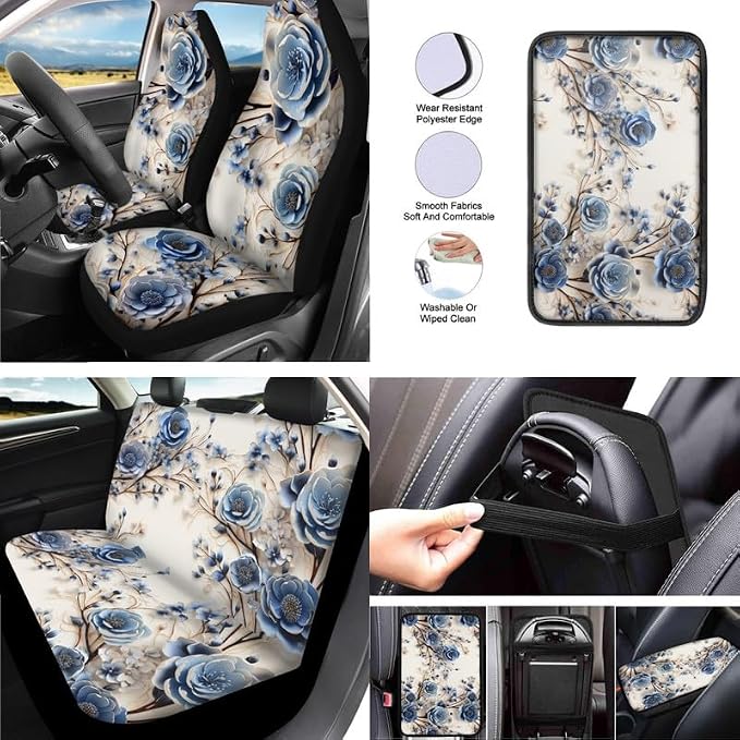Retro Rose Floral Print 13 Piece Car Seat Cover Set for Women Full Set Paper Sculpture Rose Flower Painting Car Seat Protectors Coaster Pads Decor Accessory