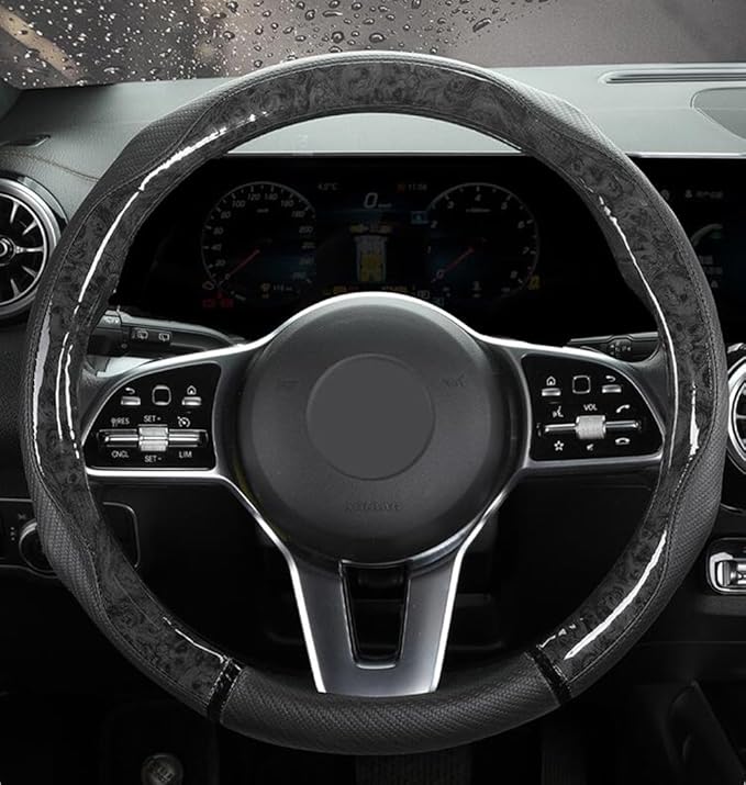 Peach Wood Grain Steering Wheel Cover Anti-Slip Breathable Durable Leather Four Seasons Universal 15 Inch Car Wrap Cover (Black)