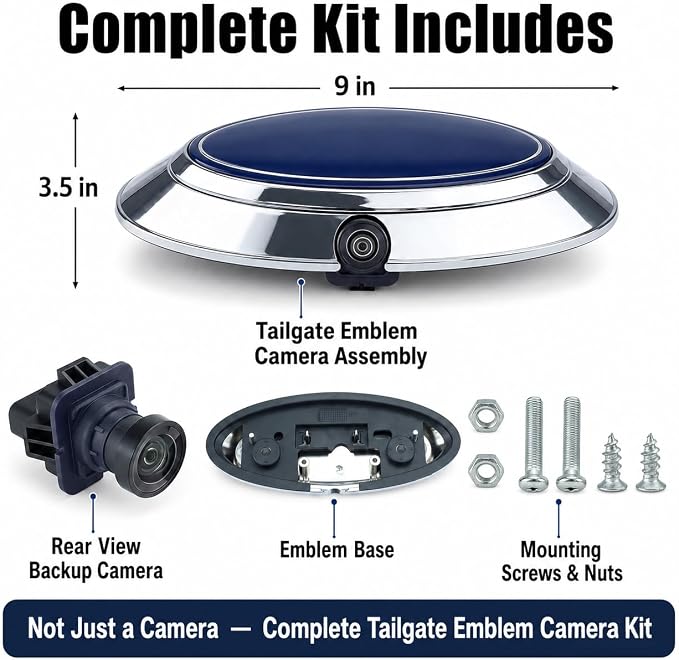 Complete Tailgate Emblem Backup Camera Kit for Ford F-150 2011-2014, Rear View Camera Replacement Kit with Emblem Housing & Wiring Harness, 170° Wide Angle, IP68 Waterproof, Replaces BL3Z-19G490-B