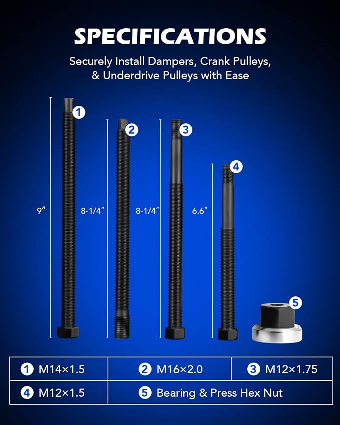 Orion Motor Tech Harmonic Balancer Installer Set, 5pc Long Reach Crank Pulley Underdrive Pulley Damper Installation Tool Kit with 4 Adapters & Nut Bearing