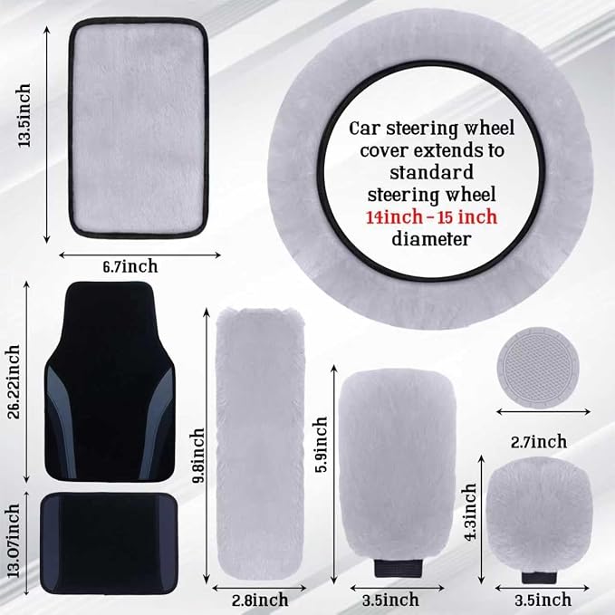 High Back Curved Car Seat Covers,Universal Car Seat Cover Full Set,Plush Steering Wheel Cover,Fit Sedans,Cars,Vans,SUV,Truck (Grey)