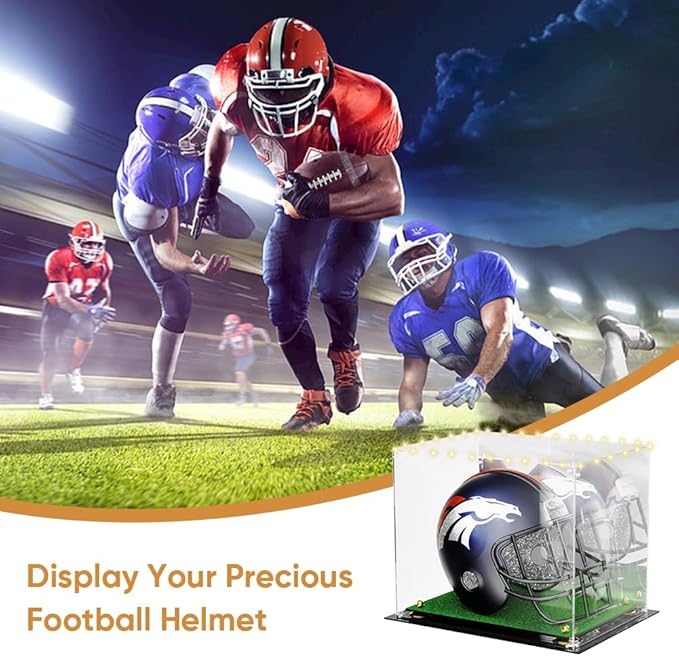 Football Helmet Display Case - Updated Full Size Acrylic Helmet Display Box for Baseball Motorcycle Hats - UV Protection Clear Showcase with Mirrored Back Turf Base & LED Tricolor Light Strip