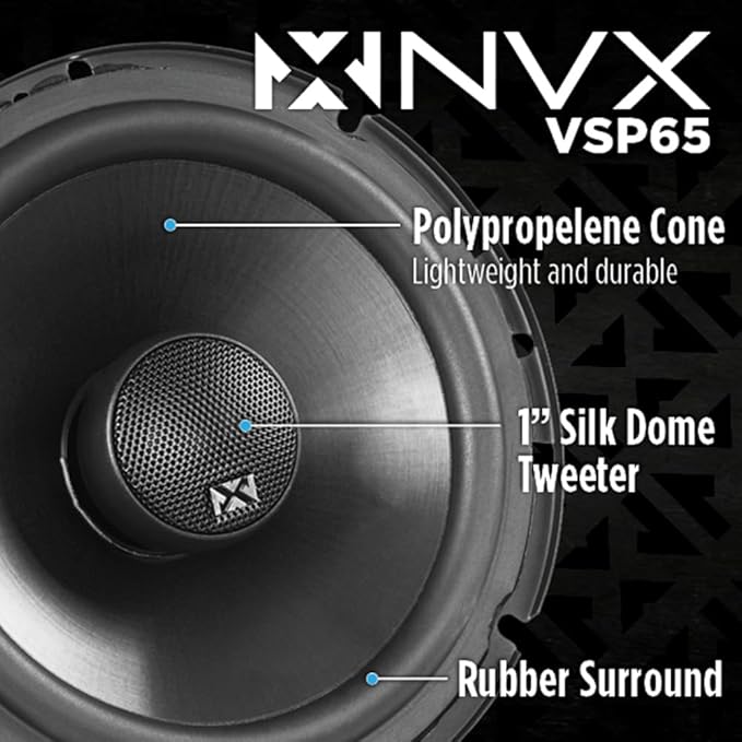 NVX VSP65 6.5" Premium Car Speakers, 600W Max, 200W RMS, 2-Way 6-1/2 inch Coaxial w/ 1" Silk Dome Tweeters & Built-in X-Overs, Easy to Install in Cars/Trucks/Doors (Pair)