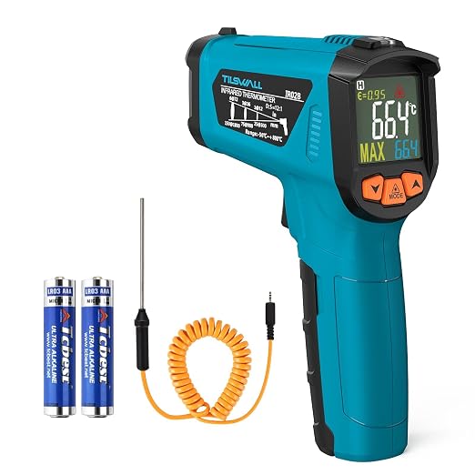 Tilswall Infrared Thermometer, -58°F to 1472°F(-50~800°C), Non-Contact Digital Laser Thermometer with Probe, Adjustable Emissivity, High/Low Temp Alarm, for Cooking/BBQ/Freezer(NOT for Human)-W300