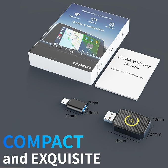2 in 1 Wireless CarPlay Adapter and Android Auto Wireless Adapter for Convert Wired CarPlay, for Cars 2016+/Apple iOS 10+, No Delay, Plug and Play, with USB-A to USB-C Connectors