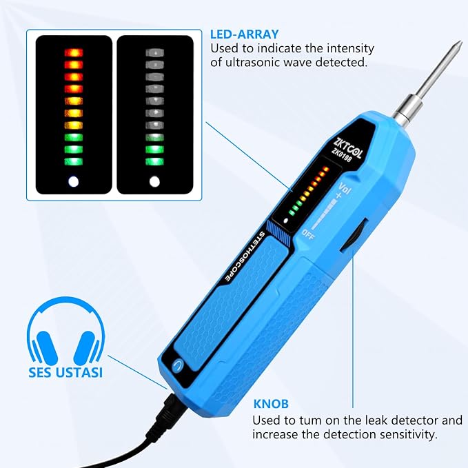 ZKTOOL Automotive Electronic Mechanics Stethoscope Electronic Ear Diagnostic Device Kit EM410, with Short and Long Probe, Headphones, Engine Noise Finder Detector Tester, Frequency Range 20Hz~20KHz