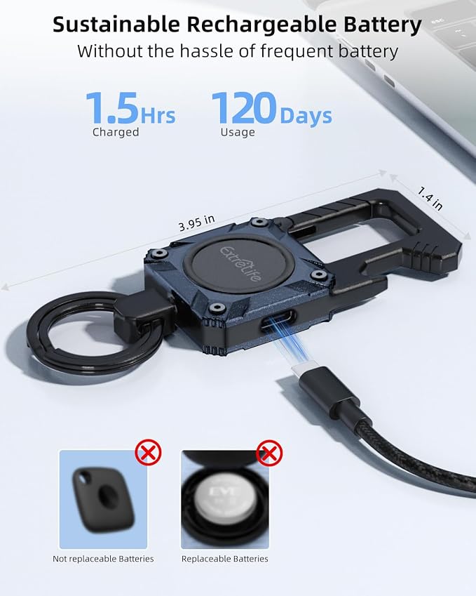 ExtreLife Keychain, Works with Apple Find My, Bottle Opener, Carabiner Car Key Chains with Gps Tracker