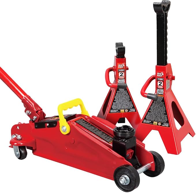 Big RED Torin Low Profile Floor Jack: Hydraulic Trolley Floor Jack Combo with 2 Jack Stands, 2 Ton (4000 lb.) Capacity