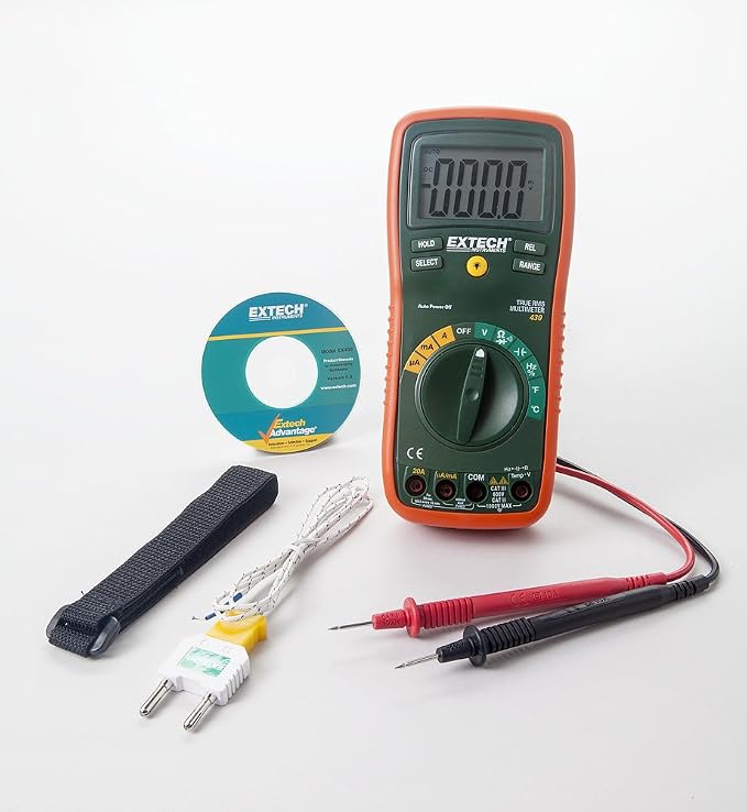 Extech by FLIR EX430A 11-Function True RMS Digital Multimeter with Type K Thermometer, Autoranging, CAT III Safety Rated | AC/DC to 1000V, current to 10A, resistance, capacitance, frequency, Type K temp, CAT III, holster