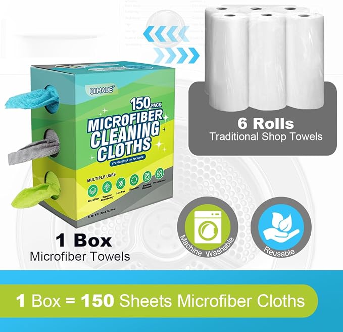 UNIMADE Microfiber Cleaning Cloth, 150 Pack Reusable Paper Towels Microfiber Towels for Cars Lint Free Shop Rags with Box for Home Kitchen Automotive, 11"x 9", Blue & Grey & Green