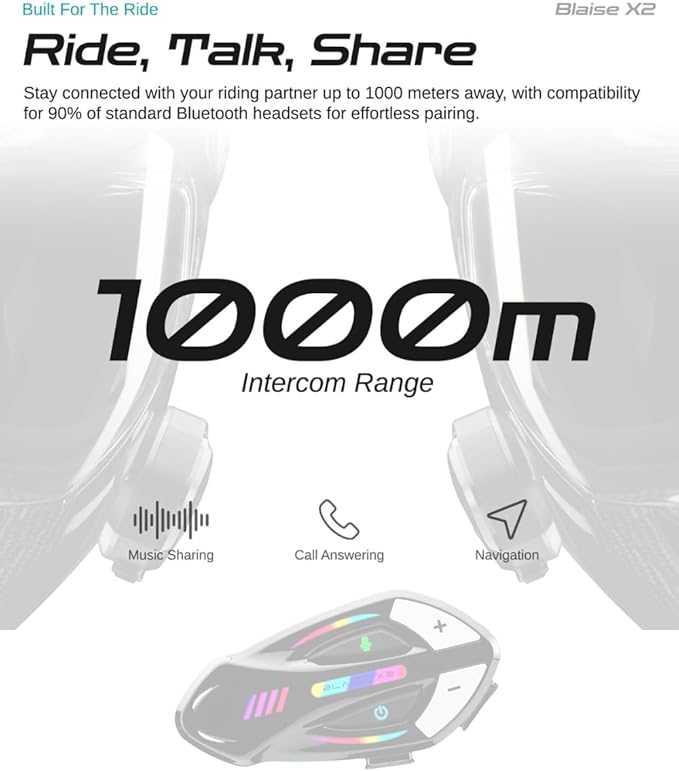 Blaise X2 Motorcycle Intercom 2 Rider Helmet Communication System Motorcycle Helmet Bluetooth Headset Music Sharing Voice Control IP66 Waterproof 15 Lighting Models (Single Pack-Glossy Black)