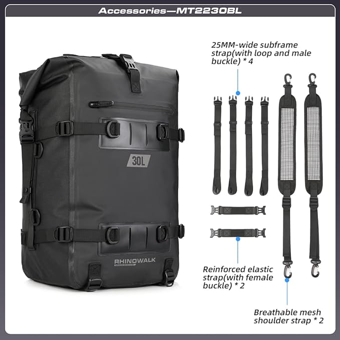 Rhinowalk Motorcycle Tail Bag Motorbike Side Bag 30L Full Waterproof Motor Saddle Pannier Bag Rear Rack Trunk Professional Motor Accessories-Black